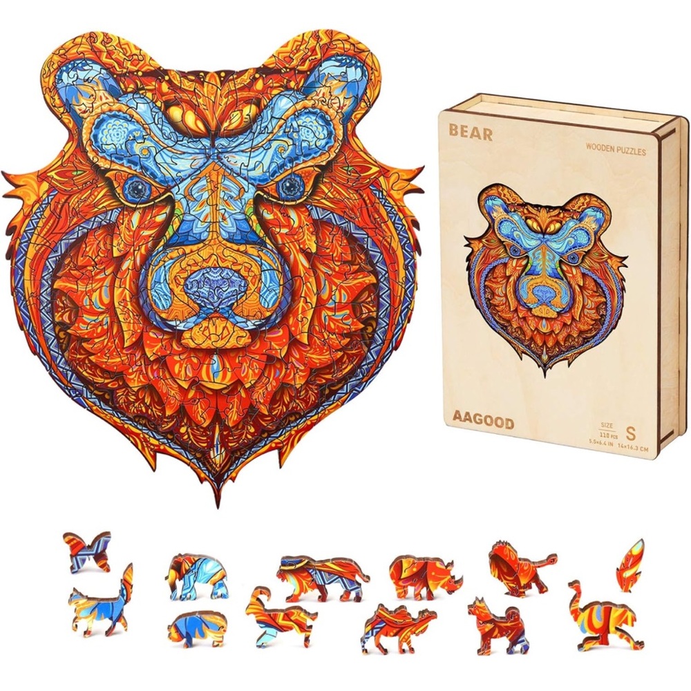 Wooden Bear Jigsaw Puzzles 324 Pcs Animal Shaped, 11.4×12.8 in, Large
